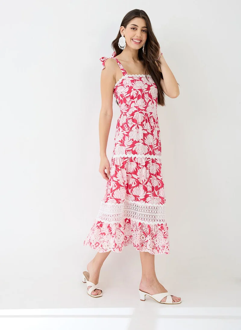 globus Globus Women Red Square Neck Tie-Up Strappy Shoulder Floral Print Lace Inserts Tiered Schiffli Hem Fit & Flare Midi Dress